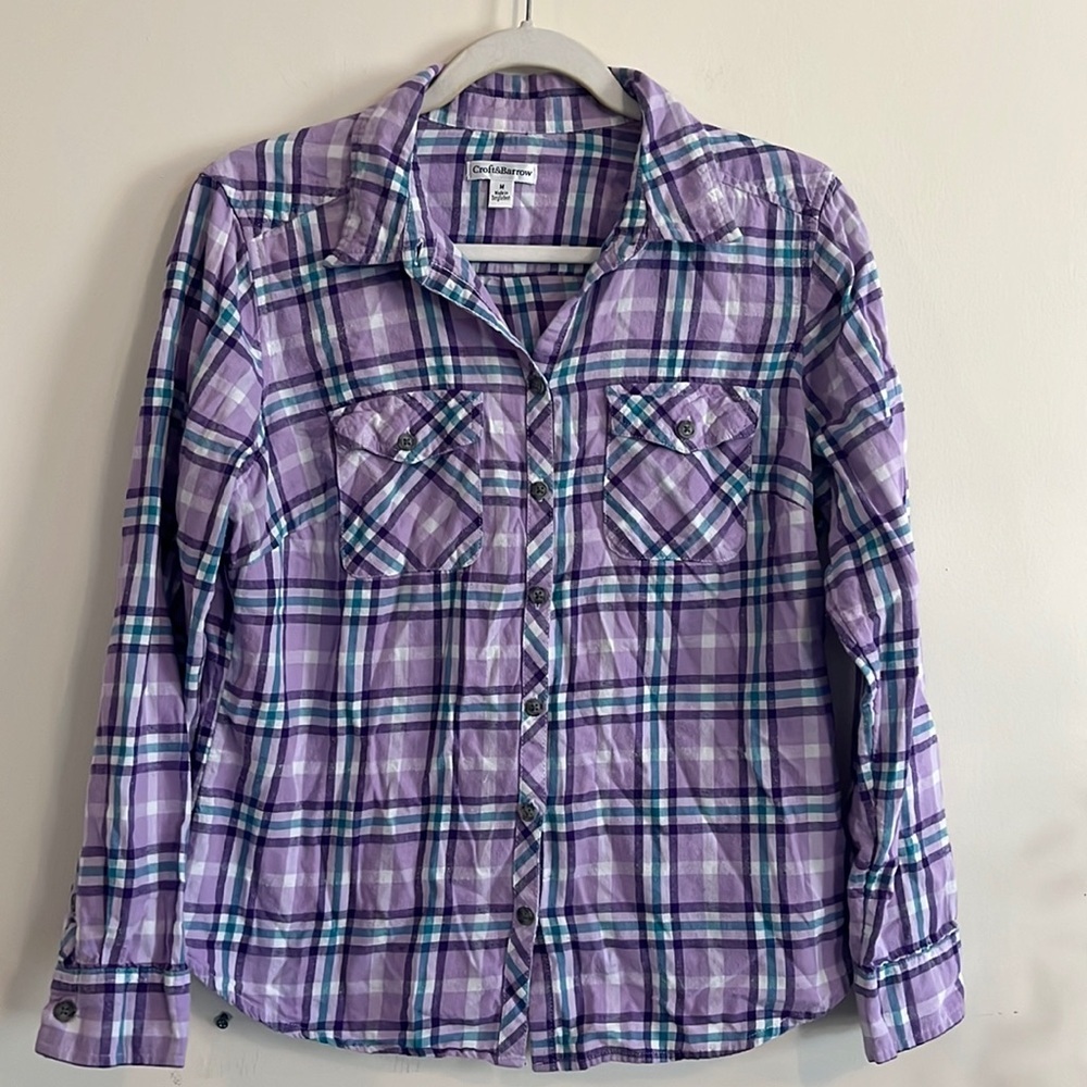 Croft & Barrow Plaid Flannel Button Down Top Purple Blue White Fall Casual‎ M